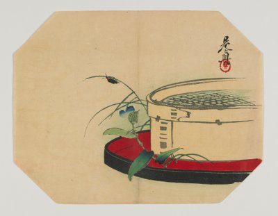 Impression pour un uchiwa; luciole sur plante à fleurs, avec tamis en bambou, époque Meiji, fin du 19e siècle - Shibata Zeshin